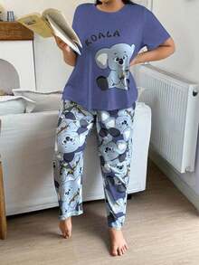 SHEIN 大码灰色牛奶丝针织考拉印花短袖睡衣套装 - 藍色 - 查看 4