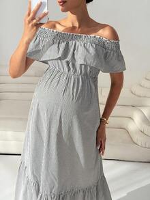 MaterniWear Schwangeren Frauen Off-Shoulder gestreiftes gerafftes modisches schickes Partytube-Kleid - Schwarz und Weiss - Übersicht 11