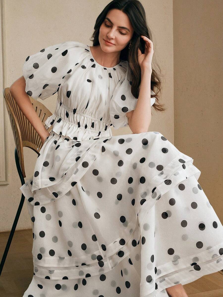 Anewsta Spring/Summer New Retro Black & White Polka Dot Print Party Puff Sleeve Crop Top + High Waist A-Line Peplum Skirt Women 2-Piece Set - Black and White - View 1