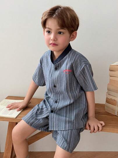 Dazy Kids 男童撞色滚边前扣短袖衬衫和短裤休闲套装（2件套）