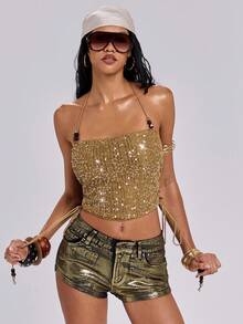 ROMWE Country Spring/Summer Avant-Garde Vacation Sexy Y2K Subculture Sequin Crochet Women Camisole - Mocha Brown - View 4