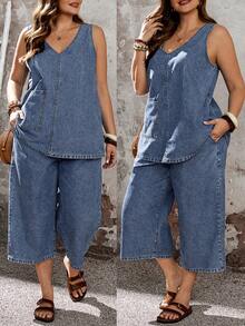 EMERY ROSE EMERY ROSE Ensemble 2 pièces top sans manches et jean large pour grandes tailles - Bleu azur - Voir 2