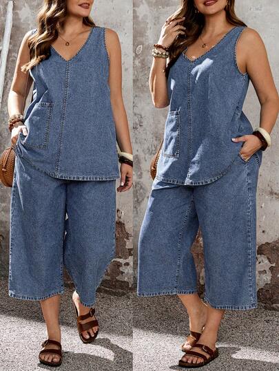 EMERY ROSE 大码无袖上衣和阔腿牛仔裤两件套