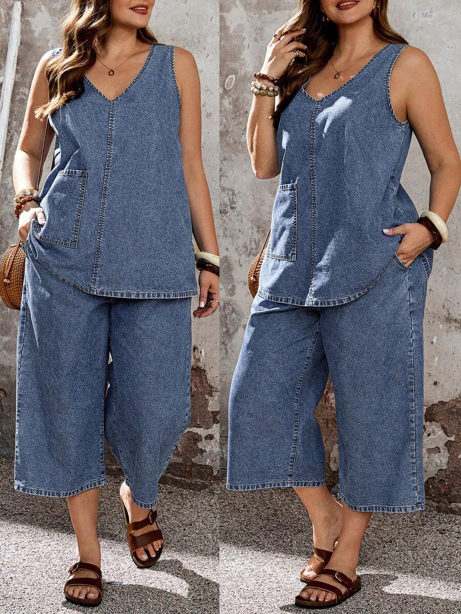 EMERY ROSE EMERY ROSE Ensemble 2 pièces top sans manches et jean large pour grandes tailles