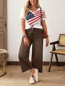 EMERY ROSE Plus Size Casual Vintage Washed Wide Leg Jeans - Coffee Brown - View 7