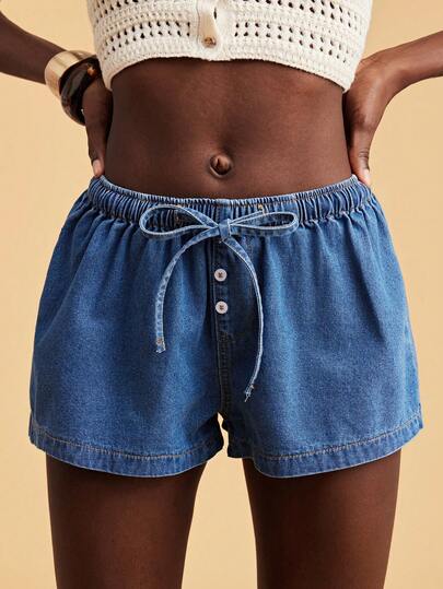 Travachic Shorts vaqueros de mujer con cintura con cordón, casual de verano