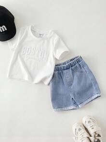 SHEIN 男婴夏季休闲字母印花T恤和浅蓝色短裤两件套 - 白色 - 查看 6