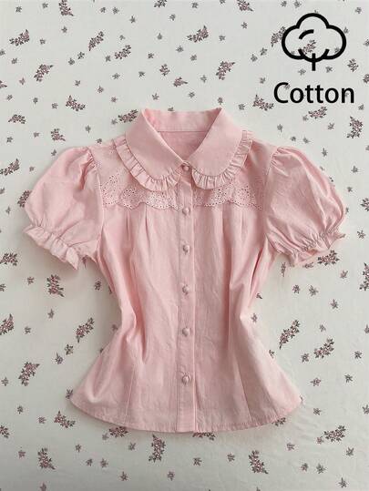 Elamini Camisa decorativa de ajuste regular para mujer con cuello Peter Pan, mangas abullonadas, bordado floral y parches de encaje