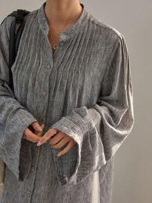 Dazy-Less Women's Casual/Office Front Button Long Shirt - Grey - View 2