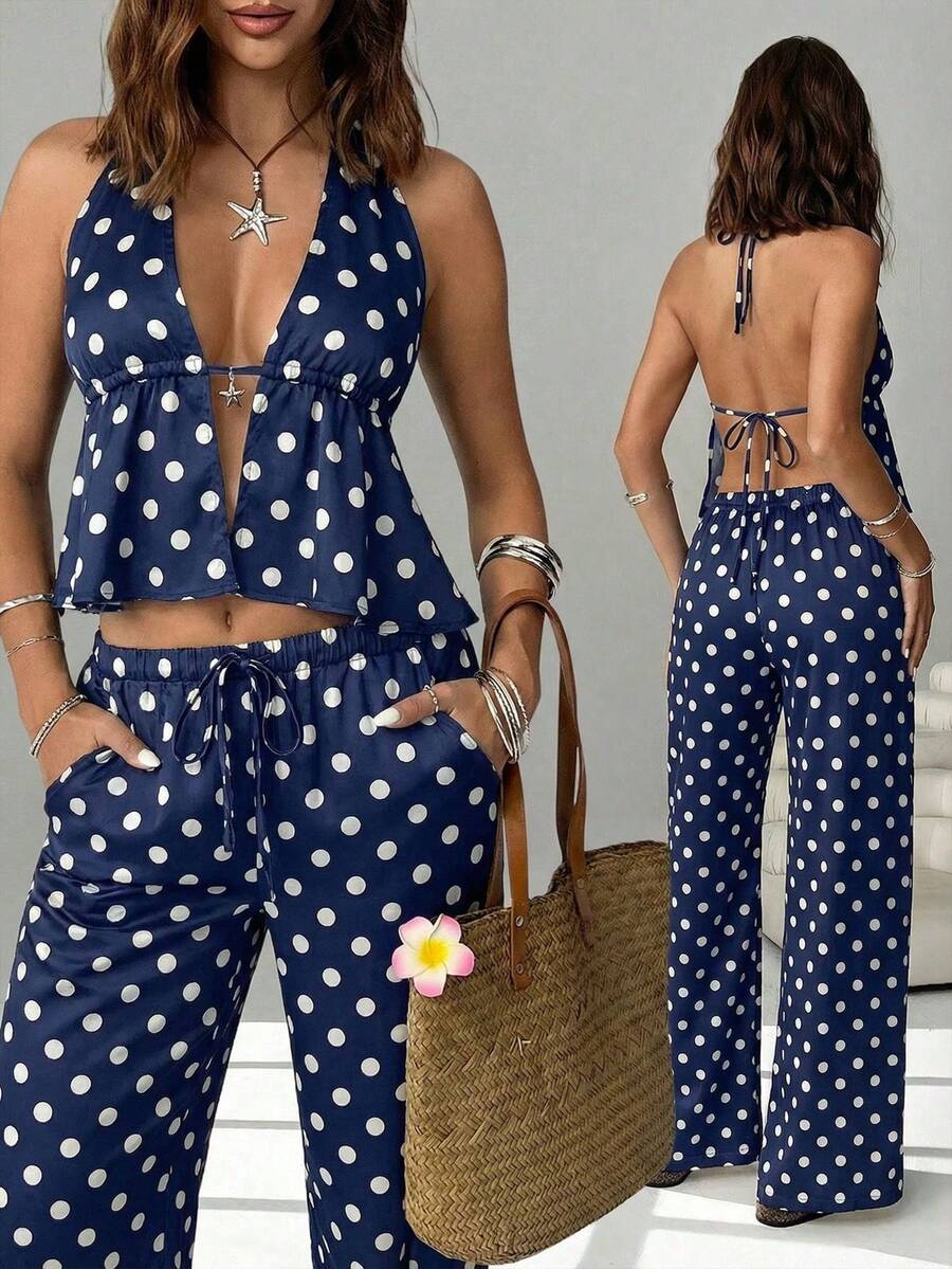 SHEIN EZwear Bộ 2 món: Áo hai dây hở lưng buộc nơ màu xanh chấm bi và quần ống rộng có dây rút, thích hợp cho hộp đêm, kỳ nghỉ, bãi biển, tiệc tùng, Hawaii và các dịp khác. - Nhiều màu - Xem 1
