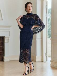 Đầm dự tiệc mùa hè thanh lịch Anewsta với chất liệu ren tan trong nước, kiểu dáng đuôi cá, khăn choàng poncho, thích hợp cho phụ nữ. - Màu xanh hải quân - Xem 4