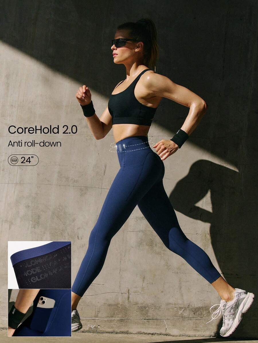 GLOWMODE 24" FeatherFit™-Sculpt Sweat-O-Clock Compressive Anti-Roll Tummy Control No Front Seam Side Pockets Leggings Low Impact Training Running Workout Gym - Dark Blue - View 1