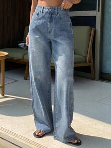 DAZY Jeans rectos de mujer con lavado y aplicaciones de rhinestones - Azul - Ver 5