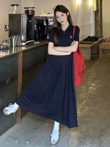 DAZY 女款休閒對比色刺繡百褶中長洋裝，夏季婚禮賓客禮服，可愛陽光裙上衣 - 藏蓝色 - 查看 4