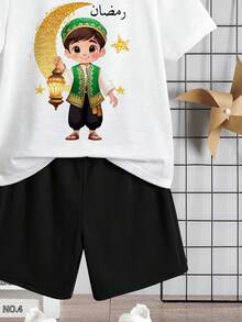 SHEIN Leap Crew 2 件套年轻男孩简约斋月图案短袖 T 恤和短裤，休闲夏季服装 - 白色 - 查看 5