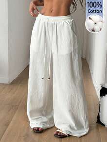 Coolane 女士夏季乡村音乐会外出海滩装扮波西米亚风简约水洗100%纯棉白色弧形裤脚裤 - 白色 - 查看 3