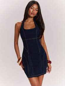 SHEIN BAE Đầm denim cổ yếm dáng casual dành cho nữ, thích hợp mặc hàng ngày. - Rửa trung bình - Xem 5