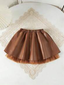 SHEIN Playful Pals Baby Girls Coffee Brown A-Line Skirt With Mesh Lace Hem,Summer Cute Modest Fashionable Sweet Party Back-To-School Elegant Comfortable Daily Travel - Royal Blue - View 1