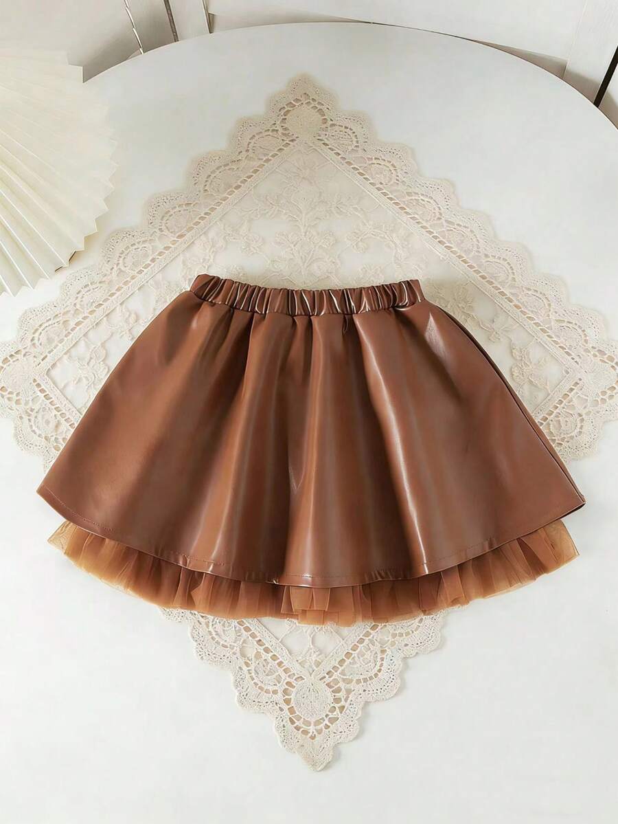 SHEIN Playful Pals Baby Girls Coffee Brown A-Line Skirt With Mesh Lace Hem,Summer Cute Modest Fashionable Sweet Party Back-To-School Elegant Comfortable Daily Travel - Royal Blue - View 1