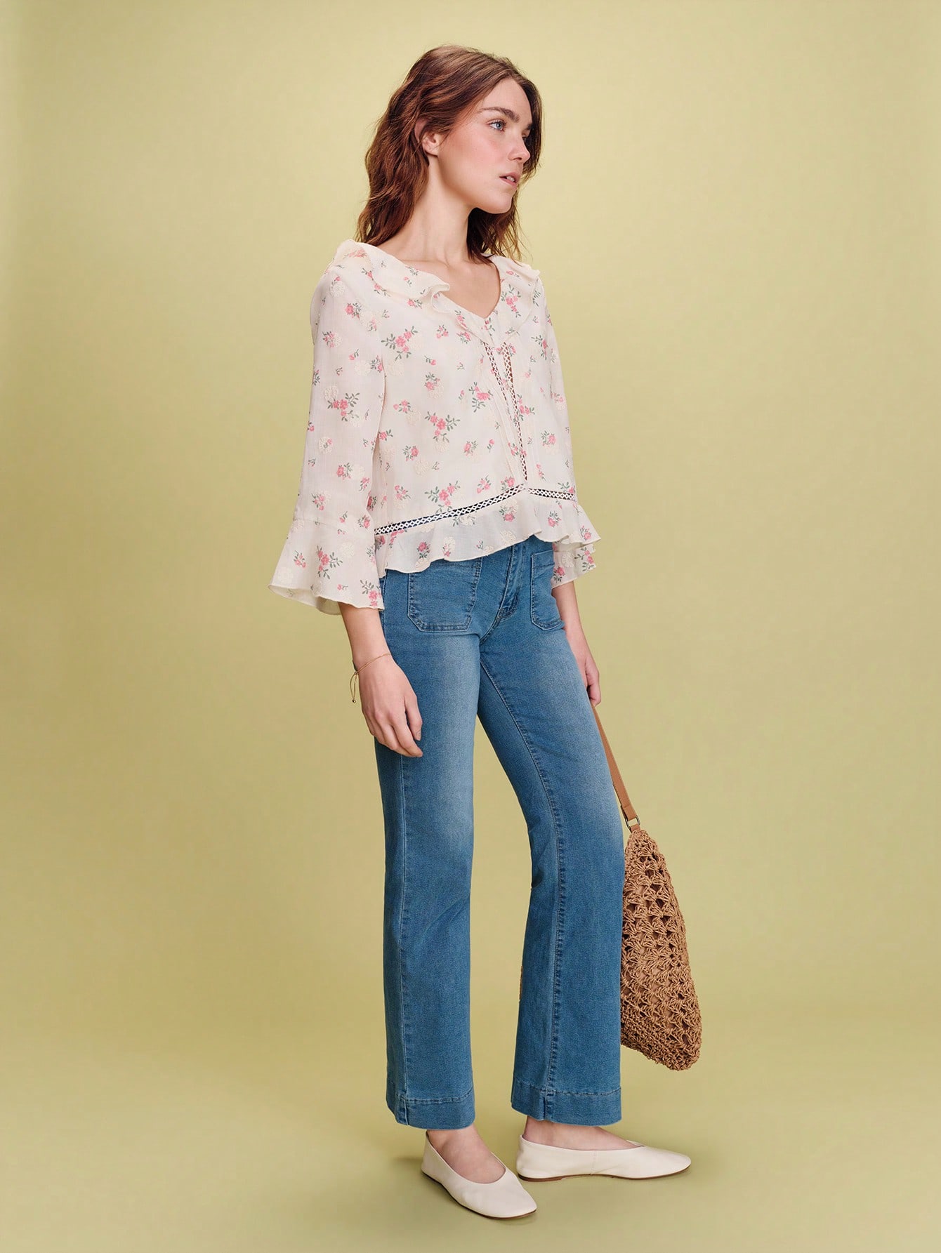 Romantic White Blouse With Embroidered And Printed Pink Flowers, Ruffled, Cute Top Spring Summer French Style Parisian Style Flower Top Going Out Picnic Outfit Vacation Top Office Outfit