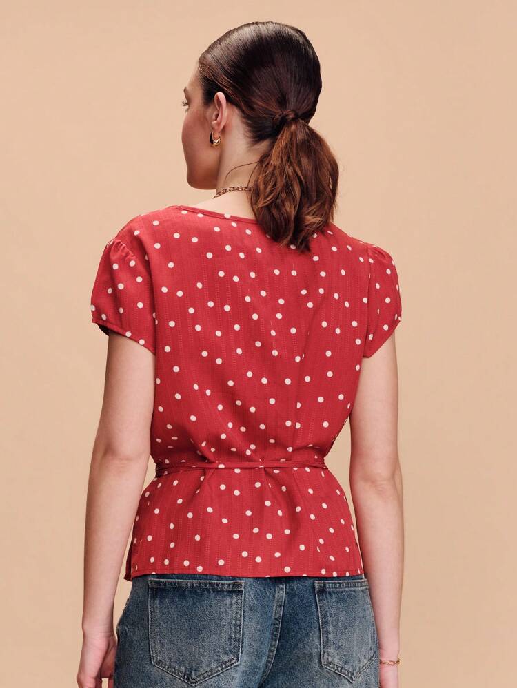 Red Polka-Dot Wrap Top With A Cute And Chic V-Neck Style Business Casual Top Polkadot Top Cute Summer Top Spring Summer French Style Parisian Style Women's Tops And Blouses Work Outfits Women Women Tops Women Casual Outfits Women's Summer Outfits Polka Dot Top
