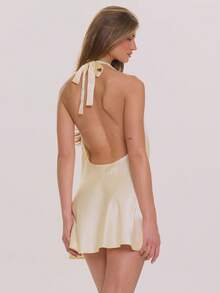 MUSERA Đầm mini dáng rộng bằng satin cổ chữ V xẻ sâu, thích hợp cho mùa xuân hè, thanh lịch, dự tiệc cưới, kỳ nghỉ, tuần trăng mật, quán cà phê. - Màu vàng - Xem 4