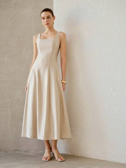 MOTF PREMIUM VESTIDO ELEGANTE DE MUJER DE COLOR ALBARICOQUE DE LARGO MEDIO CON BOLSILLO