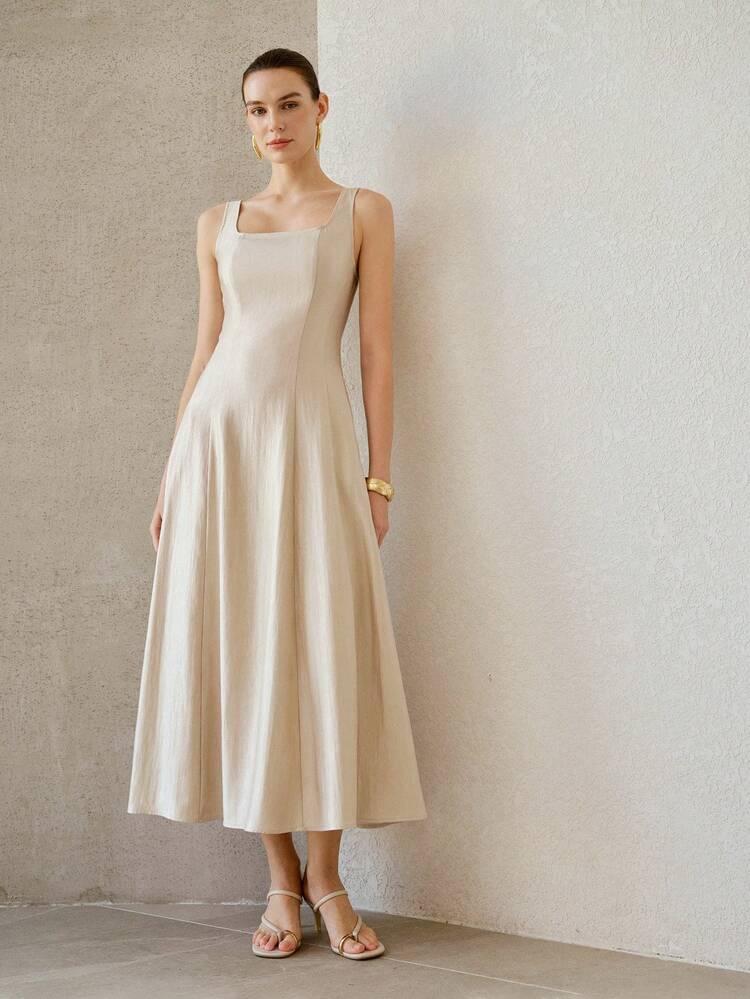 WOMEN'S ELEGANT APRICOT COLOR POCKET MID-LENGTH DRESS