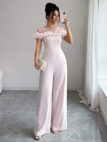 SHEIN Elenzya Bộ jumpsuit màu hồng thanh lịch dành cho nữ, điểm nhấn bèo nhún ở vai, chất liệu chiffon xuyên thấu ở vai, thích hợp cho các dịp thường ngày, nghỉ lễ, hẹn hò, đi chơi, ngày Valentine, đám cưới, tiệc tùng. - Hồng - Xem 7