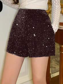 DAZY Women's Elegant Sequin Decorated Shorts, Spring/Summer - Coffee Brown - View 3