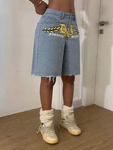 StreetHx 休闲街头风印花低腰牛仔短裤 - 淺色水洗藍 - 查看 3