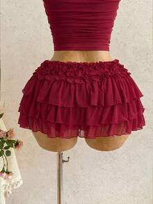 Soleia Chân váy xếp ly nhiều tầng bằng vải chiffon lãng mạn dành cho nữ, thích hợp cho kỳ nghỉ biển, dạo chơi, gợi cảm và hẹn hò vào mùa xuân/hè. - Màu Đỏ Sâu - Xem 3