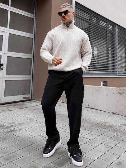 Artur Kramer LOOKUN 复古风男士毛衣，休闲宽松纯色纹理拉链开衫长袖针织套头衫，适合工作和商务场合。