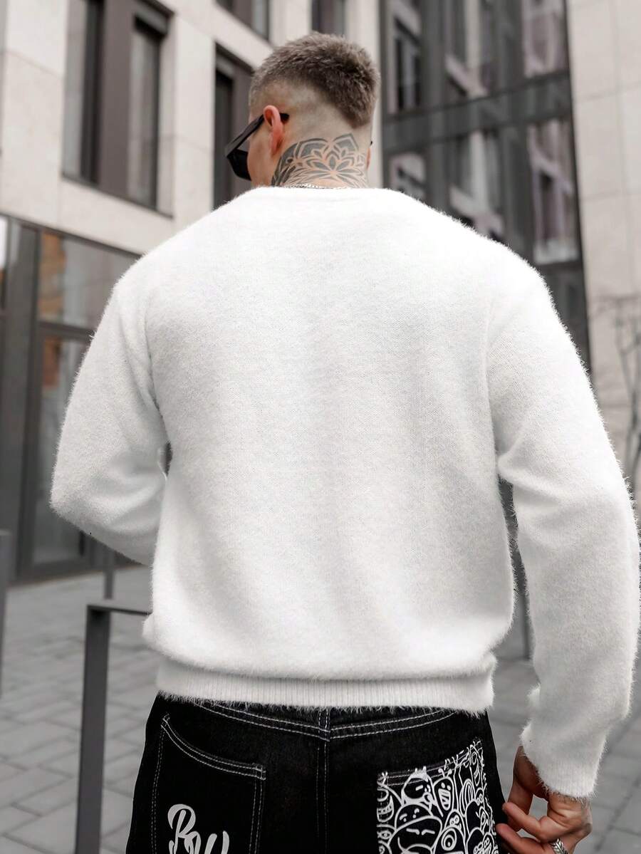 Artur Kramer ANDREILEE 韩版秋冬毛绒圆领毛衣，男女皆宜的返校穿搭，宽松针织套头衫，时尚 - 白色 - 查看 1