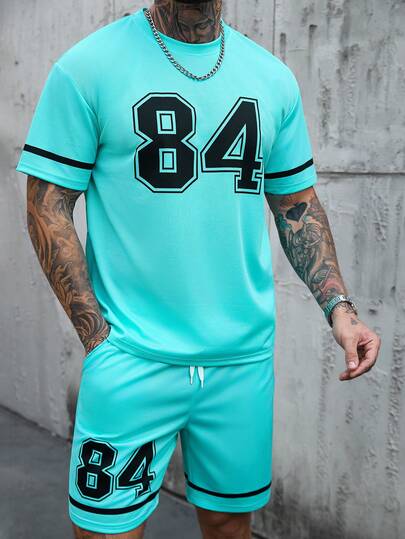 Manfinity CasualCool Men's Mint Blue Breathable Mesh Letter Print Short Sleeve Sports Set, Spring/Summer