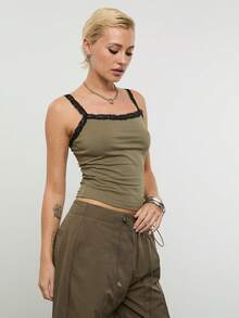 COUREZ Cami Top With Lace Detail /Y2K Spring Clothes For Women Cute Green Tops Sleeveless Tops Cute Going Out Tops Going Out Outfits Music Festival Outfits Vacation Outfits Summer Holiday Outfits - Green - View 5