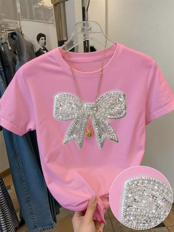 Girls' Short Butterfly & Rhinestone Graphic Tee, Casual Slim Fit Round Neck Short Sleeve T-Shirt, Suitable For Summer, Vacation, Comfortable For Daily Wear