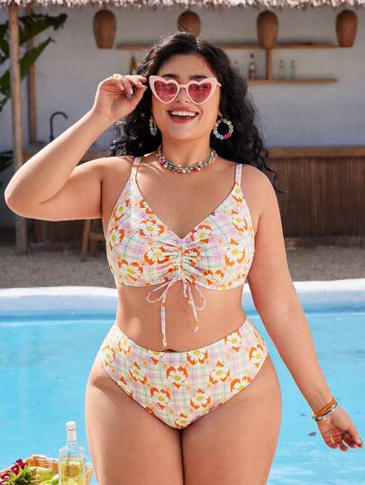 Swim Mod Plus Size Women Random Floral Print Cute Bikini 2-Piece Swimwear Set, Beach, Party, Yacht, Pool, Vacation