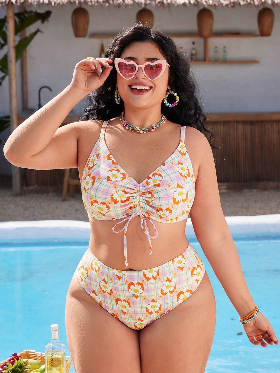 Swim Mod Plus Size Women Random Floral Print Cute Bikini 2-Piece Swimwear Set, Beach, Party, Yacht, Pool, Vacation - Multicolor - View 1