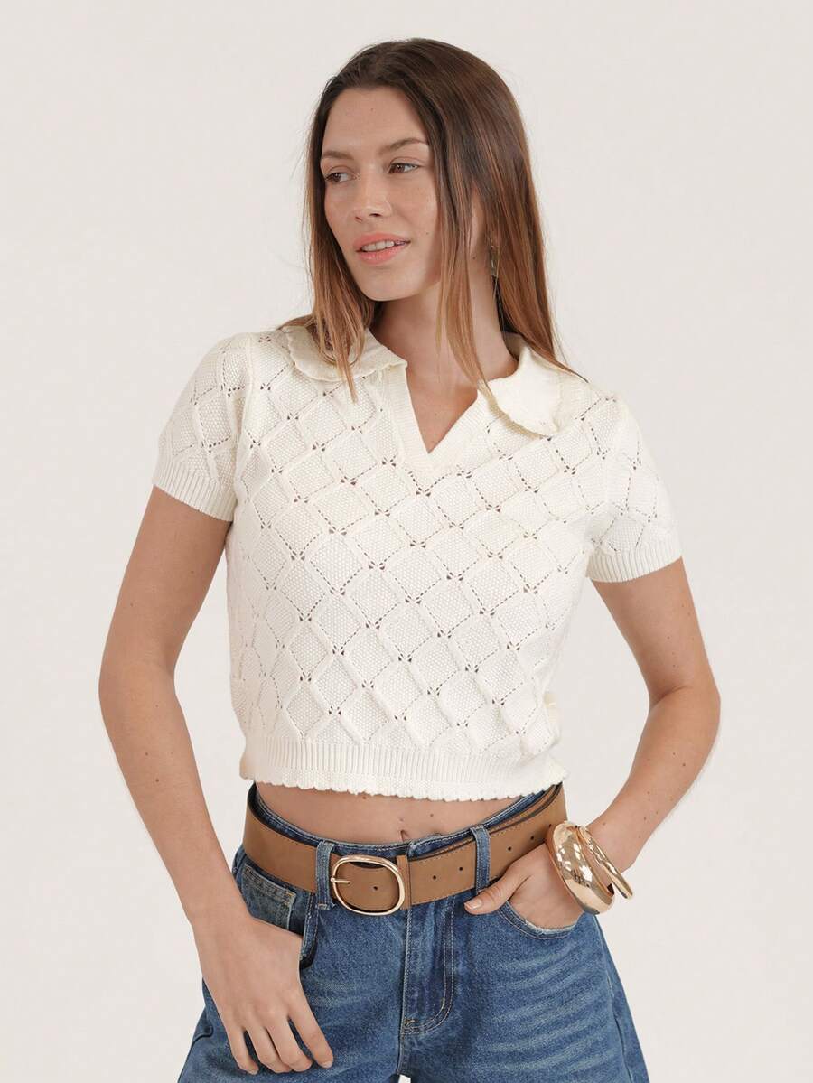 CielaLinda Áo polo dệt kim nữ màu trắng, tay ngắn. - trắng - Xem 1