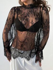 RiviMae Women's Sexy Lace Flare Sleeve Blouse, Stylish Beach Vacation Party Revealing Crop Top - Black - View 5