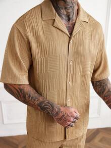 Manfinity Homme 2pcs Men's Jacquard Striped Short Sleeve Shirt And Drawstring Pants Set,Khaki Summer Casual Vacation Holiday,Yamamoto Series Comfortable Outfit Set - Khaki - View 6