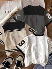 SHEIN 3pcs/Set Young Boy Round Neck Short Sleeve T-Shirts,Cool Graphic Text,Numeric,Star & Stripe Pattern,White,Summer,School,Back-To-School,Sports Fashion - Multicolor - View 2