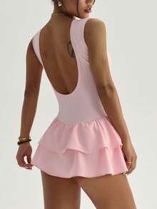 CourtClass Mono sin mangas con cuello redondo, espalda descubierta y falda con volantes con bolsillos, adecuado para uso diario casual, correr, yoga, gimnasio, tenis, golf, primavera/verano - Rosa - Ver 2