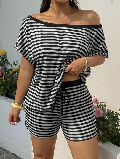 GalTyme Plus Size Women's Spring/Summer Striped Asymmetric Collar T-Shirt And Shorts 2-Piece Set