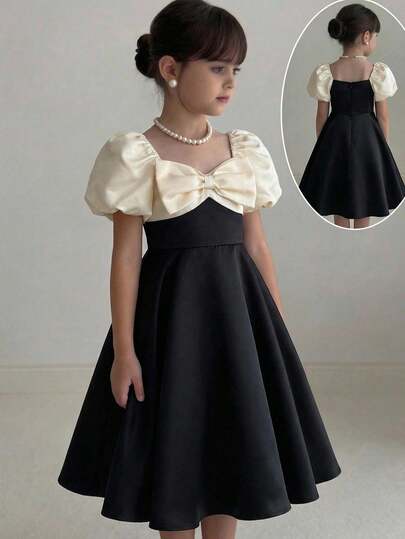 SHEIN Tween Girls' Colorblock Satin Taffeta Petal Sleeve Bow Tie Waist Princess Party Dress
