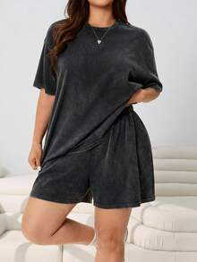 SHEIN EZwear Plus Size Women Solid Color Round Neck Short Sleeve Top And Shorts Casual Daily 2 Pieces Set, Summer Outfits - Black - View 5