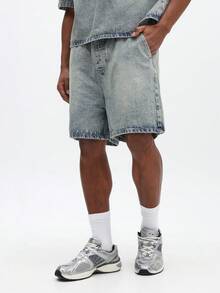 SUMWON Bộ đồ hai mảnh gồm áo polo và quần short denim, màu xanh nhạt, mài đá, phong cách vintage, thích hợp cho nam giới mùa hè. - Màu xanh lam - Xem 4