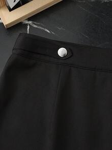 Franclia 女士纯色腰部纽扣设计侧开衩休闲阔腿裤 - 黑色 - 查看 5