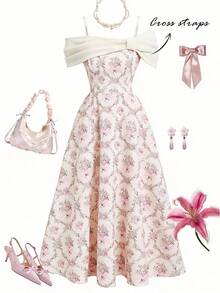 SHEIN Teen Girls A-Line Off-Shoulder Colorblock Floral Print Dress,Kids - Pink - View 5